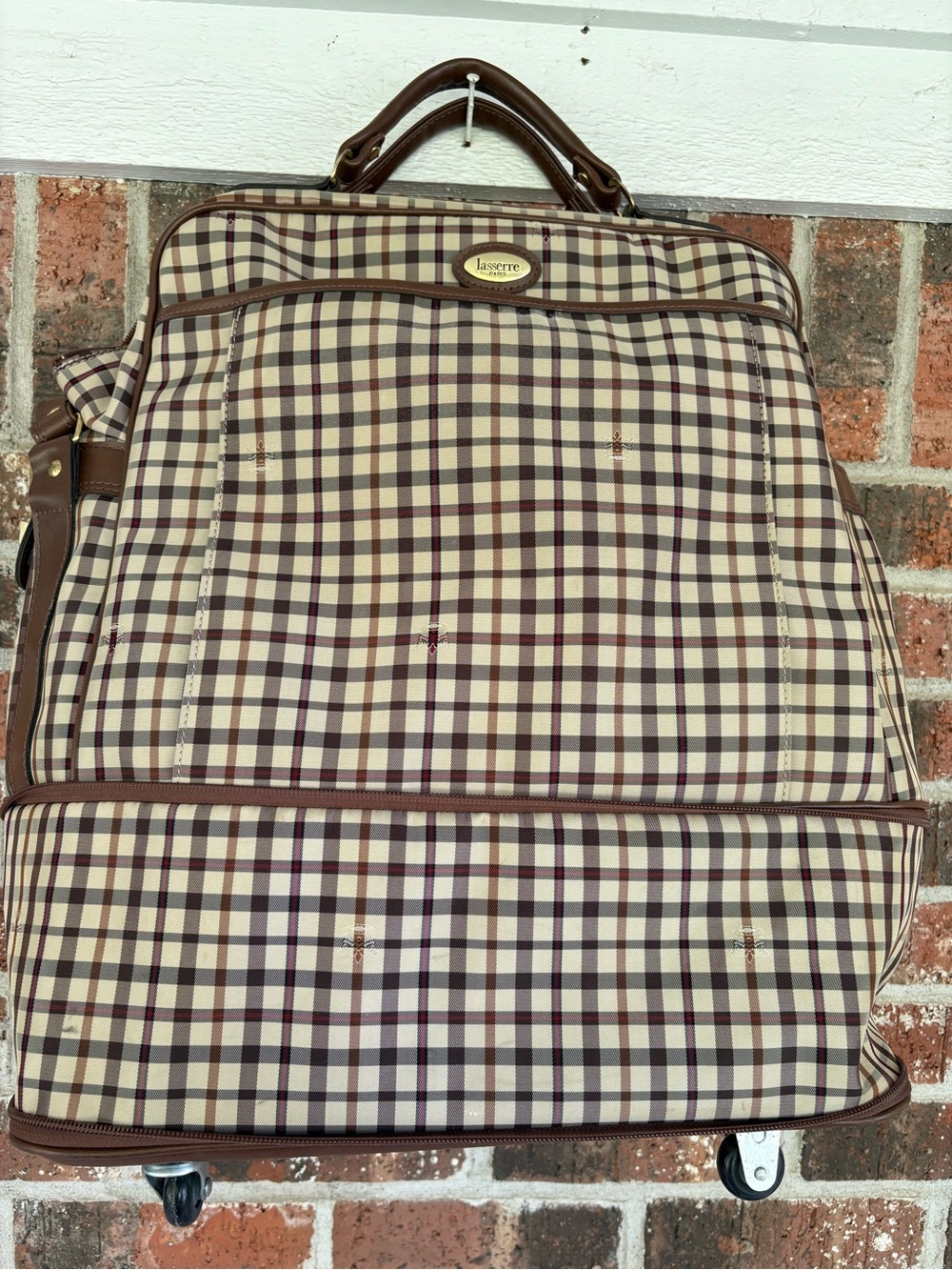 Lasserre Paris Vintage Beige Plaid Rolling luggage Bag with Brown Trim